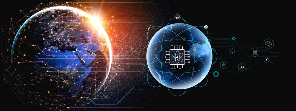 A global quantum computing network for the future of communication and data processing. A worldwide system powered by quantum technology and AI. Motif