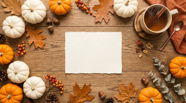 Cozy autumn flatley with a mug of hot tea, white letterhead, small pumpkins and fallen leaves on a wooden table