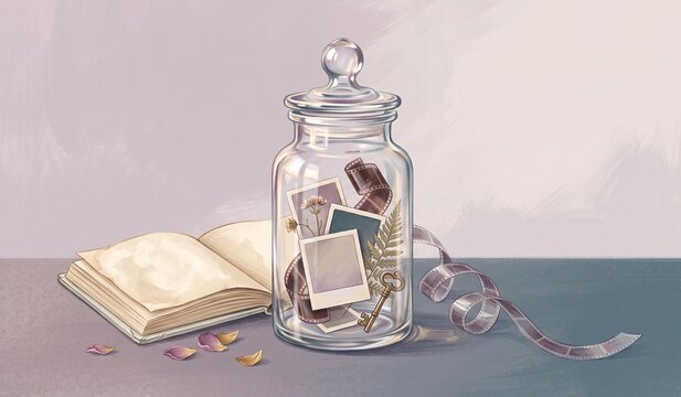 Glass Memory Jar Nostalgic Keepsakes Photos Open Diary Still-Life Illustration   