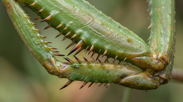 Macro close up of praying mantis foreleg with sharp spikes isolated