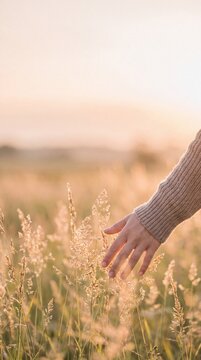 Person in a knitted sweater gently touching tall wild grasses in a sunny meadow field with person wearing textured sweater reaches out touch stalks wild grass field during sunset