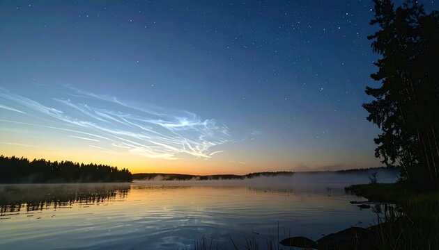 Noctilucent Clouds Over Calm Lake at Dusk.