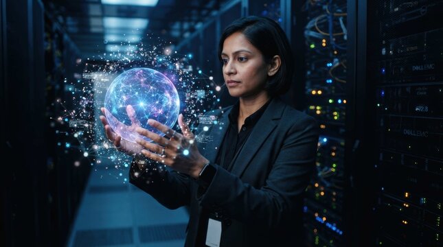 Business analyst interacting with virtual global network sphere in server facility.