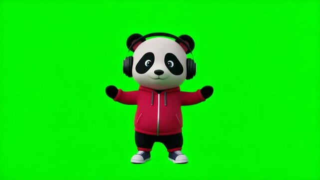 Cute 3D panda wearing headphones and a red hoodie performs a playful hip-hop dance on a clean green screen for social media, music videos, and creative video compositing.