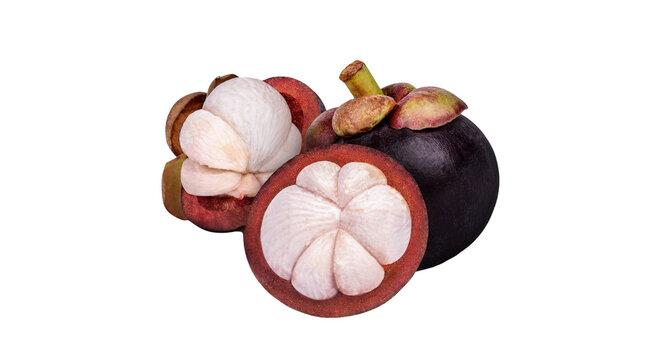 Fresh purple mangosteen fruit with peeled segments isolated on black background