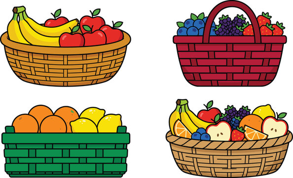 Fresh organic fruit harvest basket vector icon set with apples bananas berries oranges and citrus crates