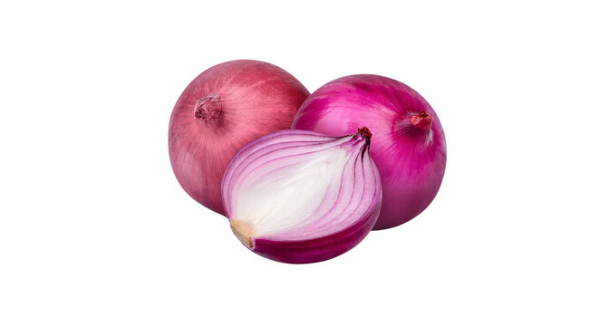 Fresh red onions whole and sliced isolated on black background