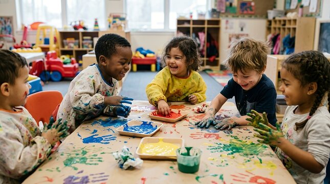 Diverse group of happy children having fun with finger painting in a colorful preschool classroom.