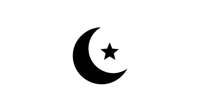A simple black crescent moon and a five pointed star icon on white background