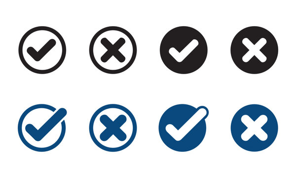 Collection of checkmark and cross symbols in circular frames featuring black and blue color variants for selecting rejecting or confirming tasks and choices.