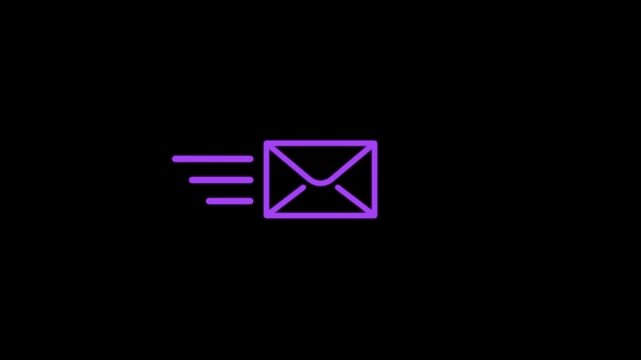 Purple Email Sending Icon Animation with Glowing Envelope and Speed Lines on Black Background for Mail Delivery Messaging and 4K Motion Graphics