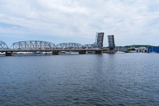historic double-leafed bascule bridge spanning sturgeon bay in door county wisconsin