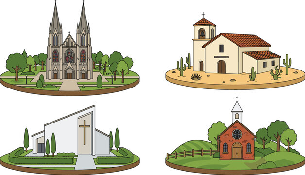 Vector collection of various church architecture styles including gothic cathedral modern chapel and historic country parish buildings