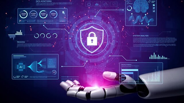 Futuristic Robot Hand Holding Digital Shield with Lock Symbol Amidst Visual Data and Security Analysis Graphics in Technological Environment. Entropy.