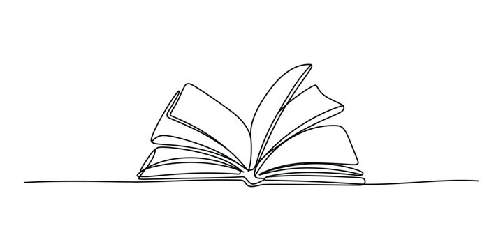 Open book drawing in a single continuous line style for education and reading design concepts