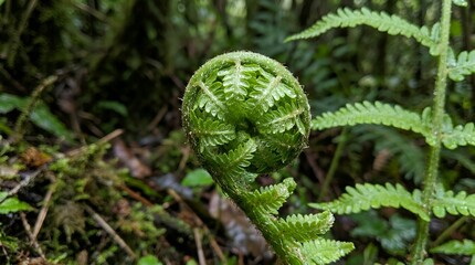 Close up of a young green fern frond unfurling in a lush tropical © Tasmiya