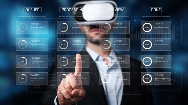 A businessman engages with virtual reality technology in a modern office setting, analyzing data and managing projects through an interactive digital dashboard for optimal performance. Raster