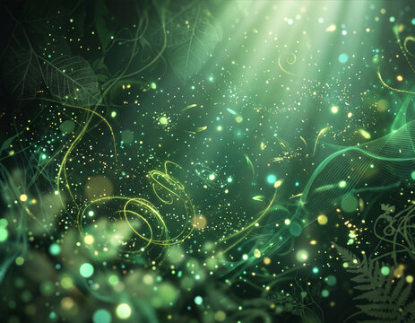 abstract green background with light, bokeh, leafes, whimsical theme background