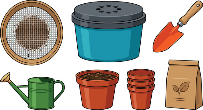 Gardening planting equipment vector icon set with soil sifter watering can trowel flowerpots and seed bag