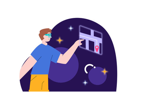 A man wearing virtual reality (VR) or smart glasses, pointing at a floating holographic map or interface with a location pin. Smart Glasses illustrations. Flat vector concepts.