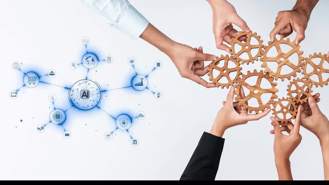 Hands gather around wooden gears, symbolizing teamwork and innovation in an AI-driven business environment, highlighting technology role in modern development. Raster