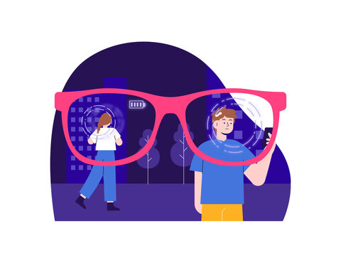 A smart glasses or AR (augmented reality) glasses displaying digital scans and a battery indicator over people's faces. Smart Glasses illustrations. Flat vector concepts.