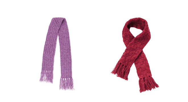Purple and red knitted winter scarves isolated on black background