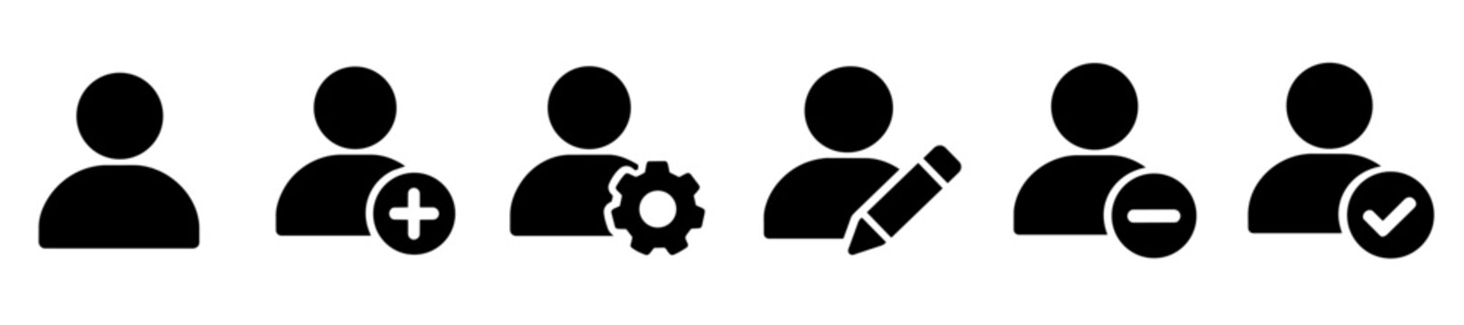 User profile icon Set depicting account management, member settings, adding, editing, deleting, and verifying accounts. Essential for user interface design, web applications, and customer portals.