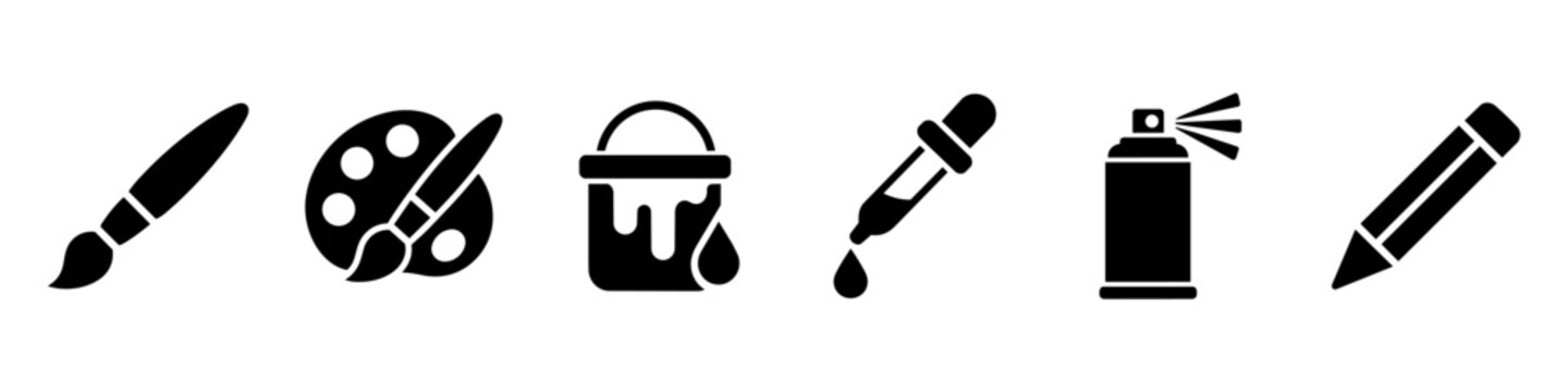 Art and Design icon Set with brush, palette, bucket, dropper, spray and pencil symbolizing creativity, drawing, painting, color and imagination. Ideal for graphic design, crafting and art concepts.