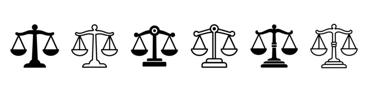 Law and Justice icon Set featuring scales symbolizing legal system, equality, and fairness. Balance for court, judgment, and rights. Ideal for legal practice, law firm, and judicial concept art.