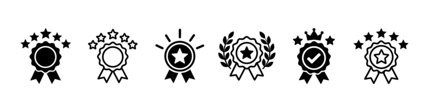 Award icon Set with ribbons, stars and laurel wreath symbolizing success, achievement and quality. Badges for excellence, victory and recognition. Ideal for performance, rating and business success