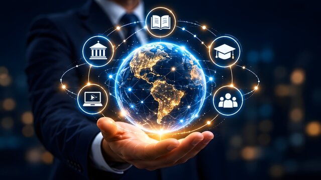 Businessman holding futuristic glowing earth globe with orbiting international education and e-learning network icons
