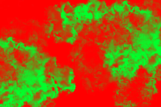 Vivid green smoke clouds swirling against a bright red surface creating a complementary color contrast
