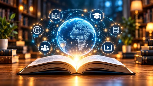 Glowing digital globe hologram emerging from an open book with education icons representing global online learning and international studying