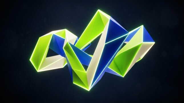 3d abstract interlocking geometric shapes in bright neon green and blue for modern design backgrounds.