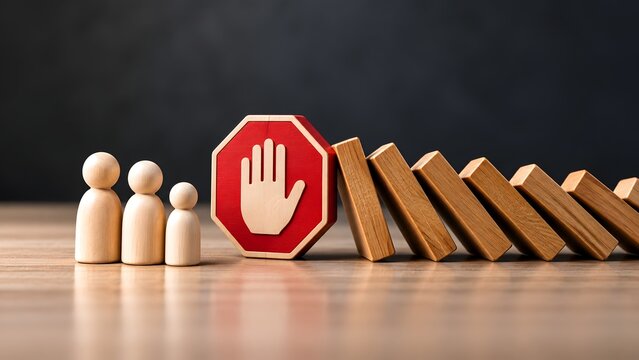 Red Stop Hand Sign Preventing Falling Wooden Dominoes from Hitting Family Figures for Risk Management