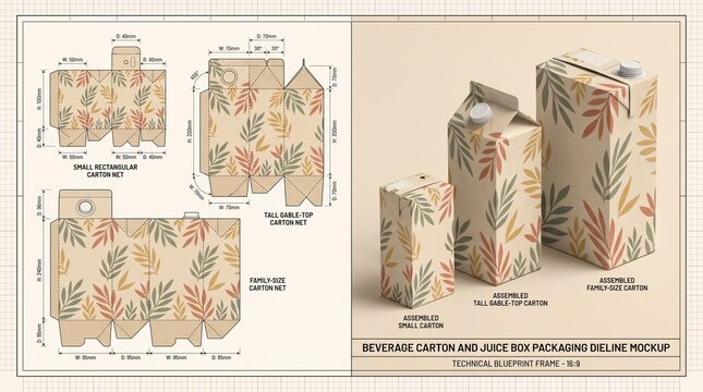 Juice Box and Beverage Carton Packaging Dieline Mockup Blueprint