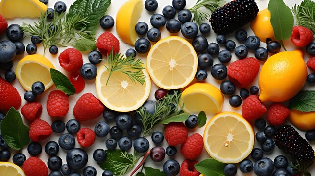 fresh berries and lemons flat lay on white background