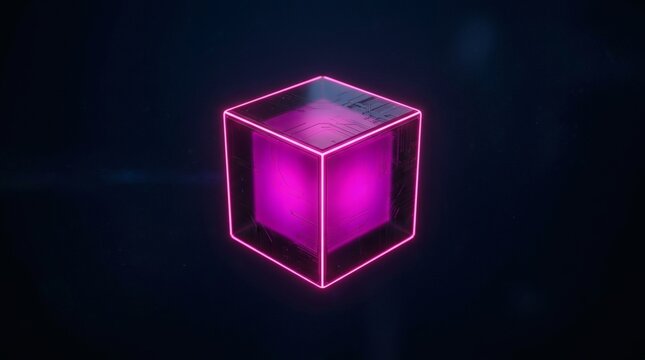 Glowing neon digital cube floating in dark space with intricate circuit board patterns for futuristic tech marketing backgrounds.