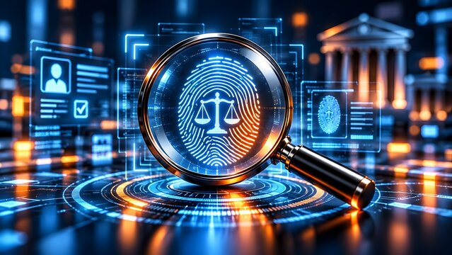 Digital magnifying glass analyzing a futuristic fingerprint with justice scales symbolizing cyber crime investigation forensic evidence and digital identity law.