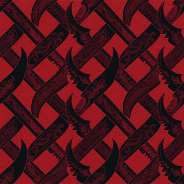 Crimson red and black bold parang batik pattern, seamless diagonal blade motif textile background