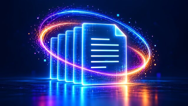3D glowing digital documents surrounded by dynamic neon light trails representing fast data transfer, rapid file processing, and high-speed information technology.