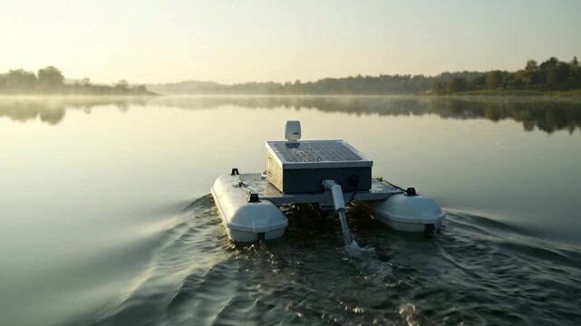 Autonomous research vessel powered by clean solar energy moving steadily across calm misty lake waters during early morning light in nature