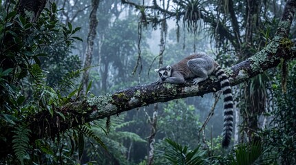 Naklejka premium Ring-Tailed Lemur Perched on Mossy Canopy Branch at Misty Blue Dawn