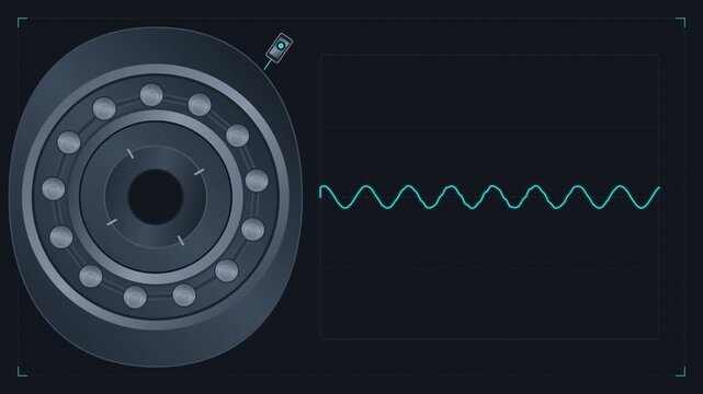 Dark premium 2D animation of an industrial bearing sensor detecting abnormal vibration patterns for predictive maintenance and condition monitoring.