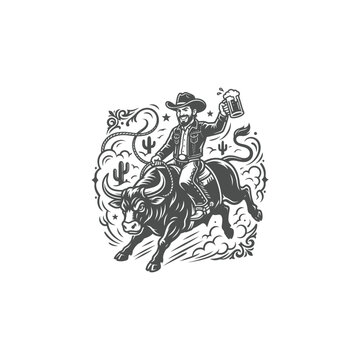 Cowboy Riding Bull Holding Beer Mug Vintage Mascot Vector