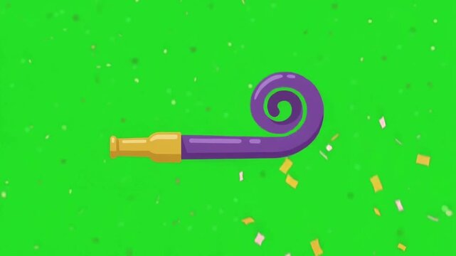 Animated Purple Party Blower with Confetti on Green Screen for Celebrations