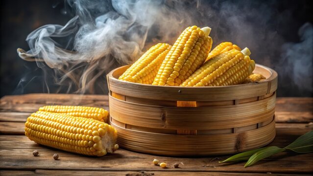 A steaming basket of freshly steamed corn cobs served in a woven bamboo steamer sat elegantly on a rustic wooden table