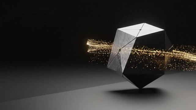 Abstract black geometric polyhedron with orbiting golden sparkling particle ring and copy space
