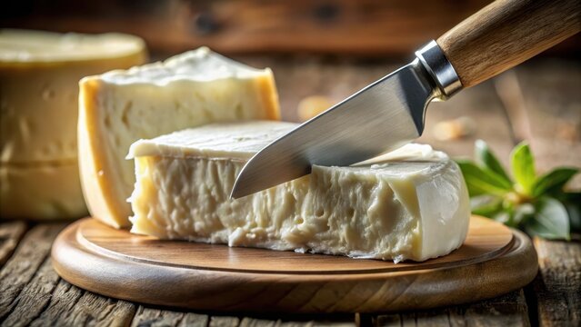 A delicate pastry chefs knife slices through the creamy white flesh leaving behind a piece of delicious cheese cut out